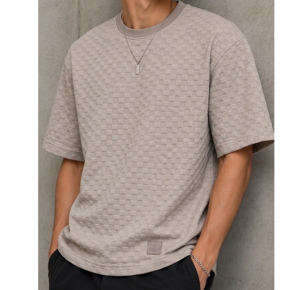 Saints‎ Studio Quilted Checkerboard Textured Streetwear Neutral Shirt Top Sz L
